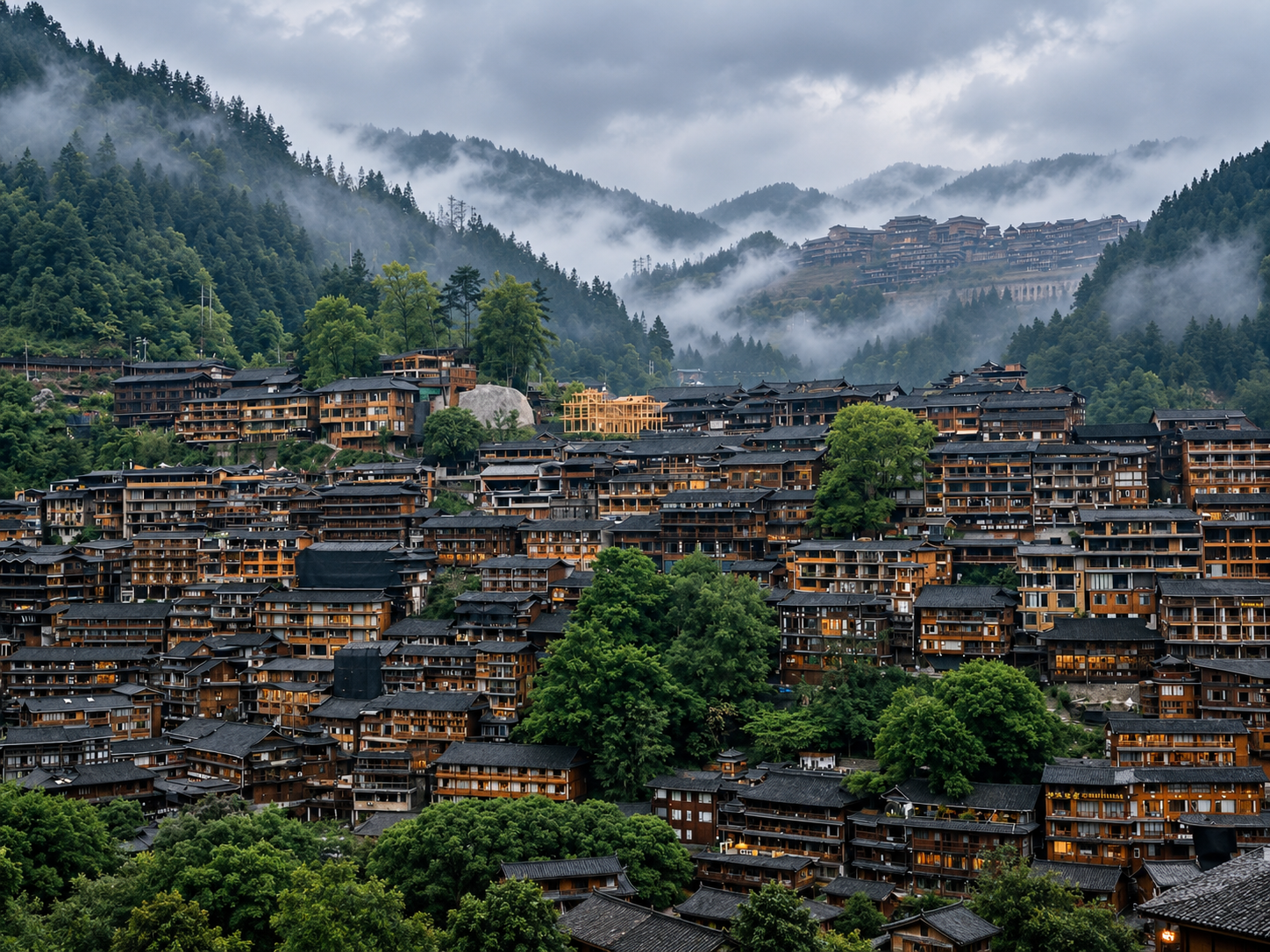 Miao village among misty mountains