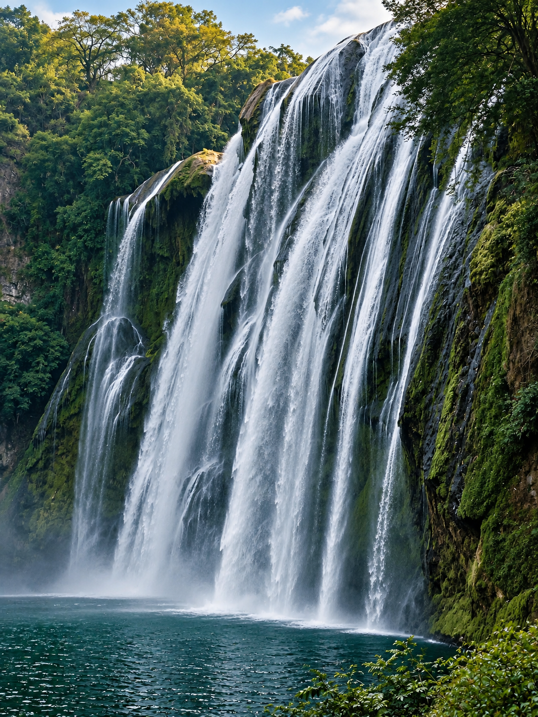 Tall waterfall in a forested valley