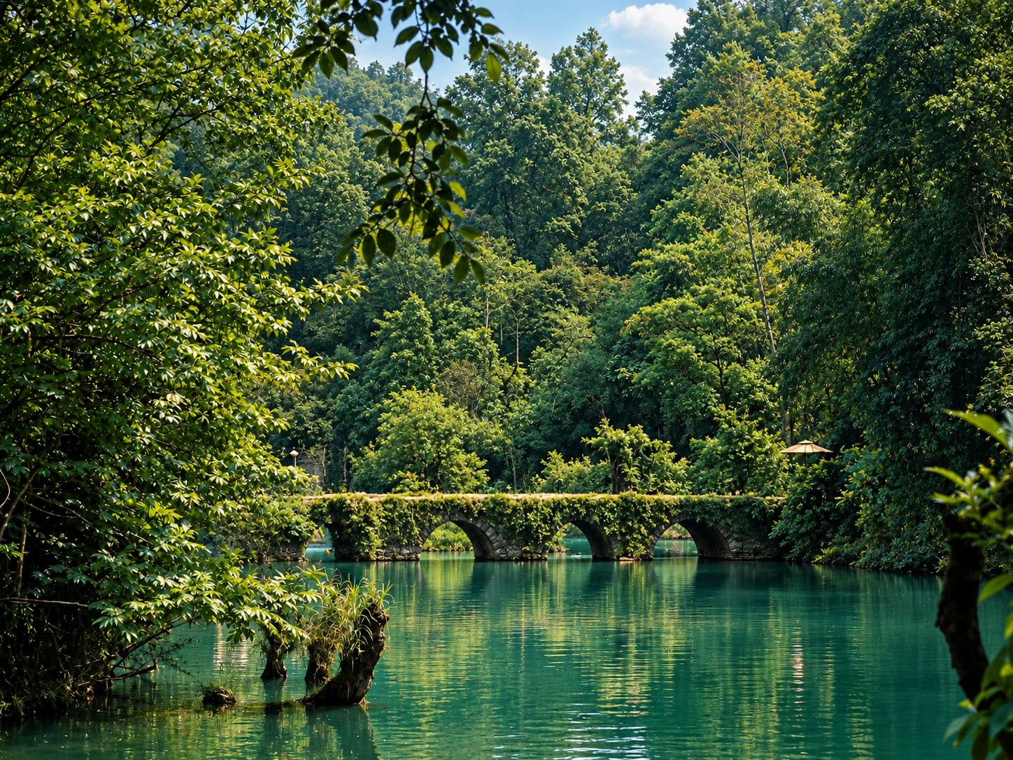 Stone bridge over clear water