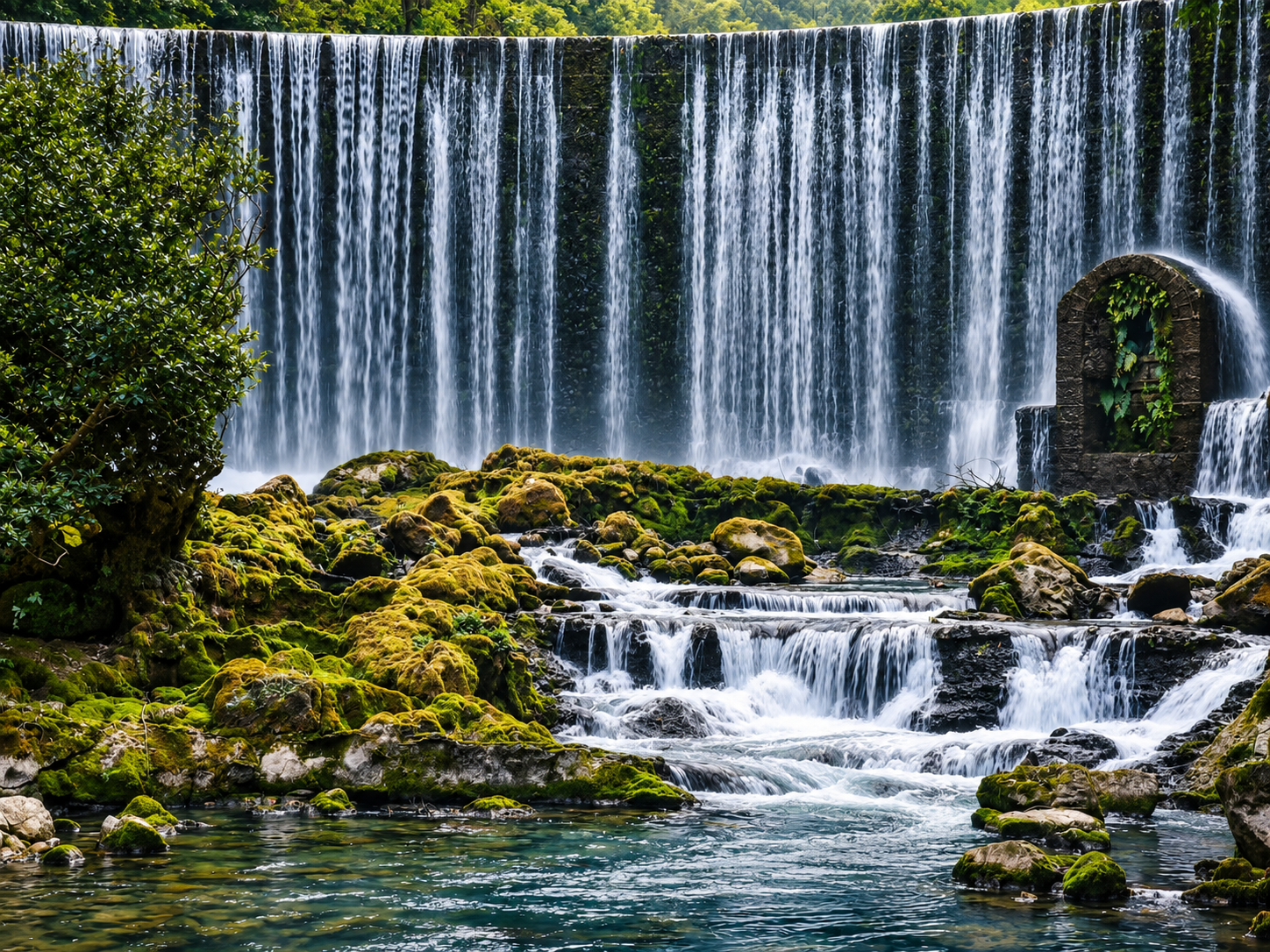 Tiered waterfall and mossy rocks