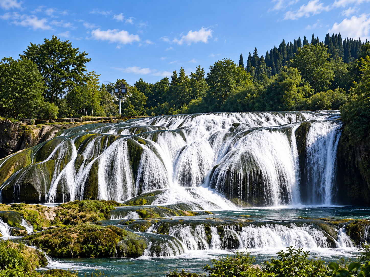 Waterfall cascade under a blue sky